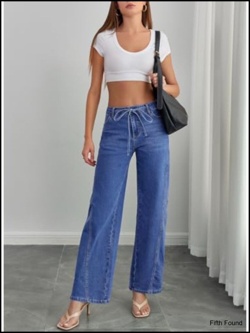 Wide Leg Jeans Mid Waisted Stretchy Drawstring Button Down Denim Pants 2026 - Picture 3 of 6